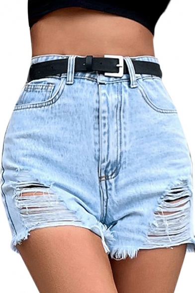 Creative Women Shorts Pure Color Pocket Broken Hole High Waist Zip Placket Denim Shorts