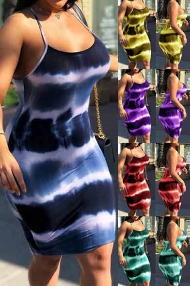 Fancy Dress Tie Dyed Pattern Spaghetti Straps Sleeveless Mini Bodycon Dress for Ladies