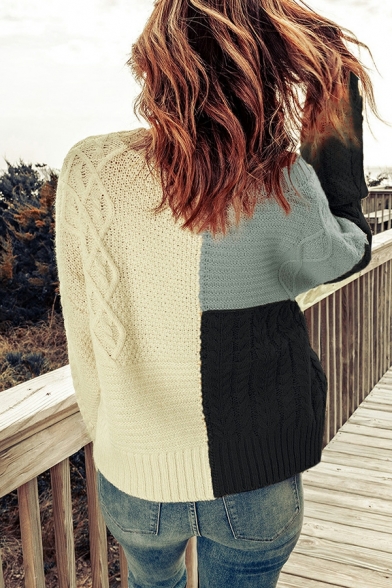 Ladies Fancy Sweater Color Block Long Sleeve Round Neck Relaxed Pullover Sweater
