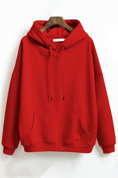 Popular Women Hoodie Pure Color Pocket Drawstring Hooded Relaxed Hoodie