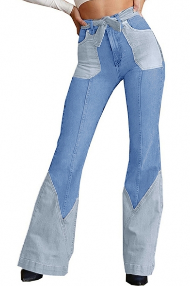 Street Look Ladies Jeans Color Block Bow Detail Full Length High Rise Zip-up Bootcut Jeans