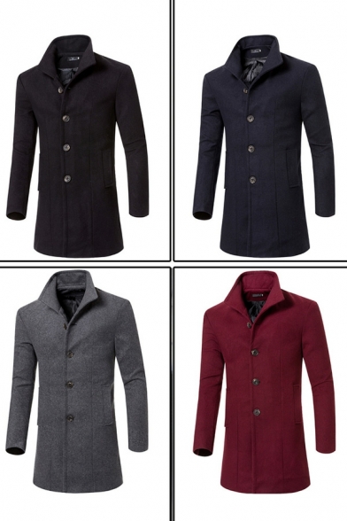 Stylish Men Pea Coat Solid Long Sleeves Skinny Button Placket Spread Collar Pea Coat