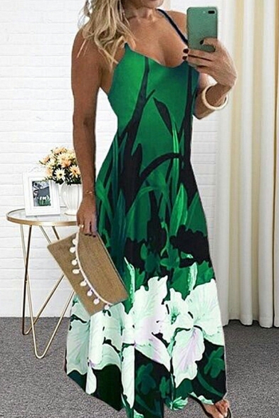 Vintage Dress Floral Print Sleeveless Spaghetti Straps A-Line Dress for Women