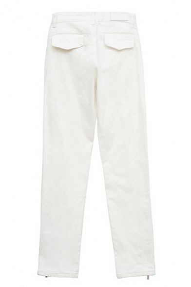Autumn White Jeans Casual Women's Zipper Leg Straight Leg Pants