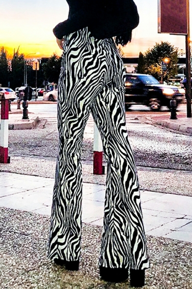 Dashing Girls Pants Zebra Pattern Elastic High Waist Full Length Flare Pants