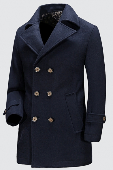 Edgy Pea Coat Pure Color Long Sleeves Fitted Lapel Collar Double Breasted Pea Coat for Men