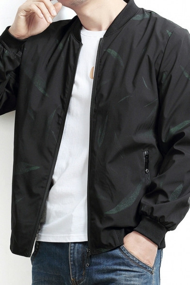 Elegant Jacket Feather Pattern Pocket Stand Collar Fit Zip Placket Baseball Jacket for Men