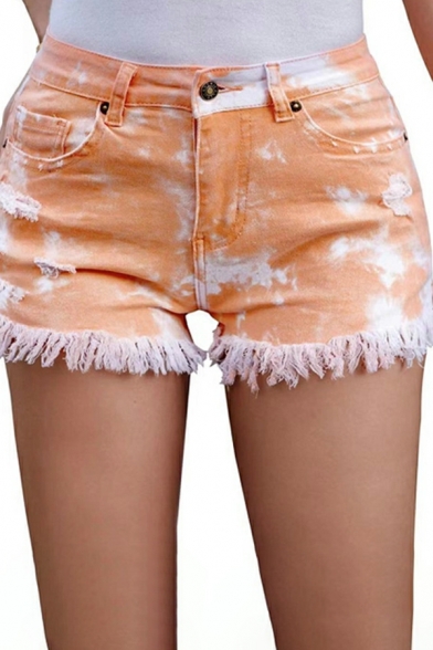 Elegant Shorts Tie Dyed Pattern Cut-outs Mid Waist Zip down Denim Shorts for Girls