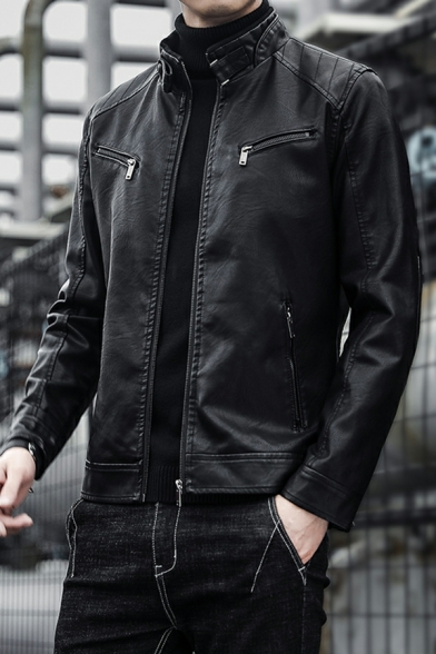 Men's Biker Leather Jacket Fashion Long Sleeve Zipper PU Leather Jacket