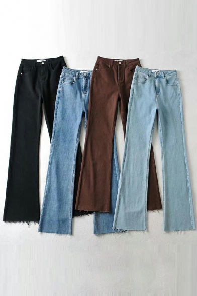 Pop Jeans Plain High Rise Long Length Regular Fit Pocket Zip down Bootcut Jeans for Women