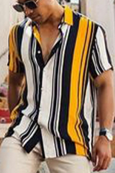 Short Sleeve Shirt Men's Summer Fashion Contrasting Color Striped Printed Shirt