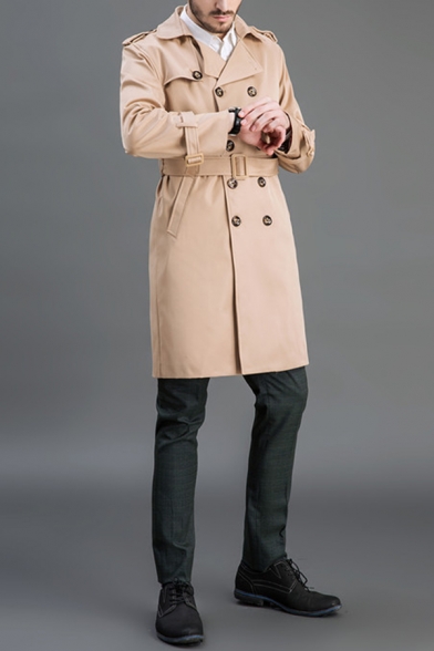 Unique Coat Pure Color Pocket Long Sleeve Double Breasted Lapel Collar Trench Coat for Men