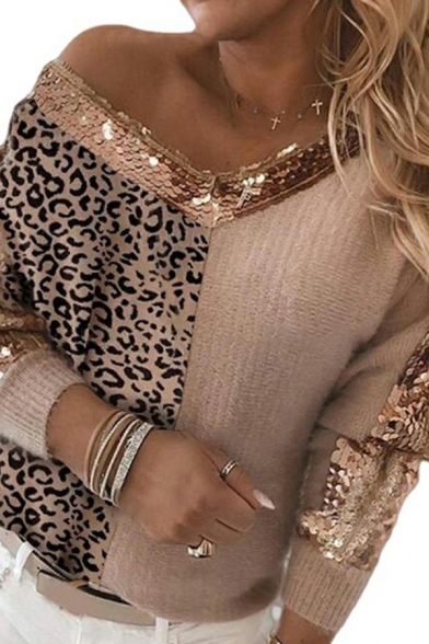 Women Fashion Sweater Leopard Print Long-sleeved V Neck Sequin Detail Pullover Sweater