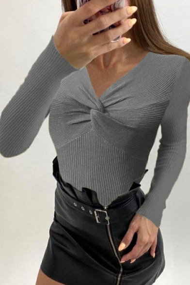 Women Hot Sweater Solid Color Cross Kink Long Sleeves V Neck Skinny Pullover Sweater