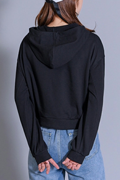 Women Urban Hoodie Pure Color Hooded Fitted Drawstring Long-Sleeved Pocket Hoodie