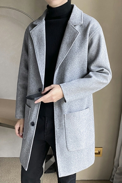 Boy's Trendy Coat Pure Color Lapel Collar Long Sleeve Fitted Button Down Trench Coat