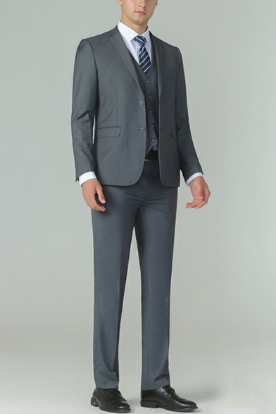 Chic Suit Set Solid Pocket Lapel Collar Long Sleeve Button with Pants Blazer Set for Men