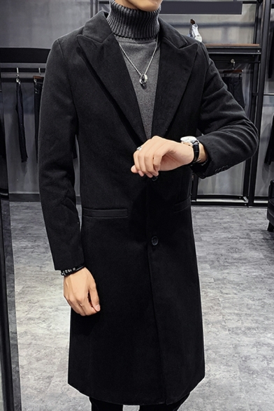 Dashing Guy's Coat Pure Color Pocket Lapel Collar Knee Length Button Closure Trench Coat