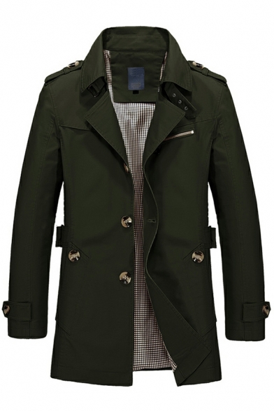 Edgy Coat Whole Colored Long-sleeved Lapel Collar Button Closure Trench Coat for Men