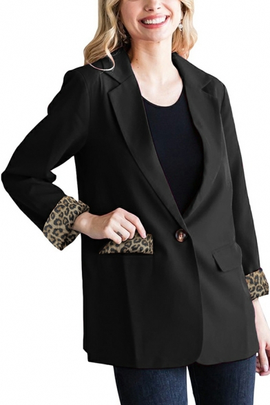 Girl's Cozy Blazer Leopard Printed Lapel Collar Long Sleeves Relaxed Single Button Blazer
