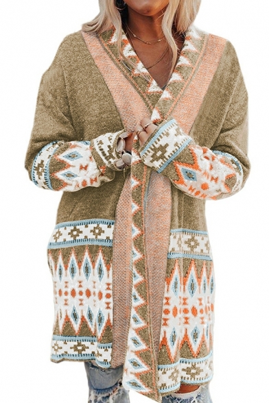 Girlish Cardian Tribal Pattern Long-sleeved Collar Regular Open Front Cardian for Ladies