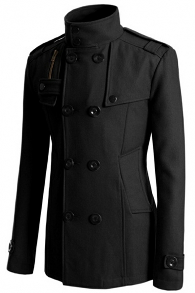 Hot Coat Whole Colored Long-Sleeved Stand Collar Slim Double Breasted Pea Coat for Men