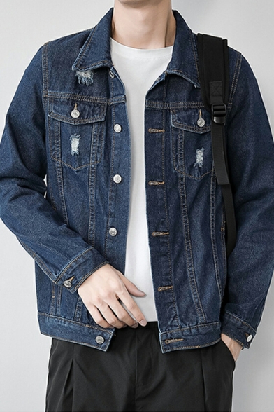 Men's Denim Jacket Casual Loose Long Sleeve Ripped Hole Stand Collar Jacket