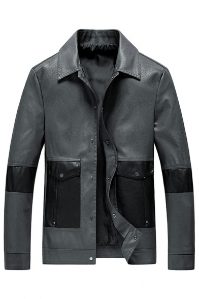 Modern Jacket Contrast Color Pocket Long Sleeves Spread Collar Leather Jacket for Men