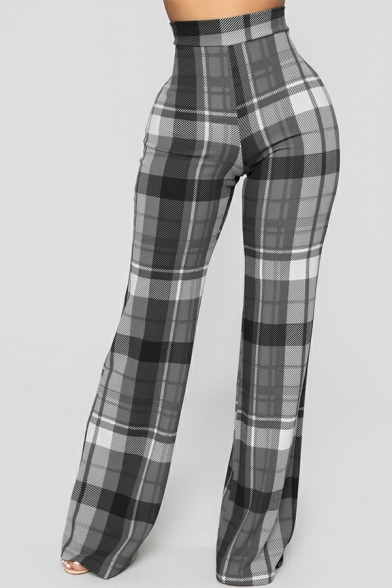 Plaid Trousers Fashion Women's Casual High Waist Flared Trousers