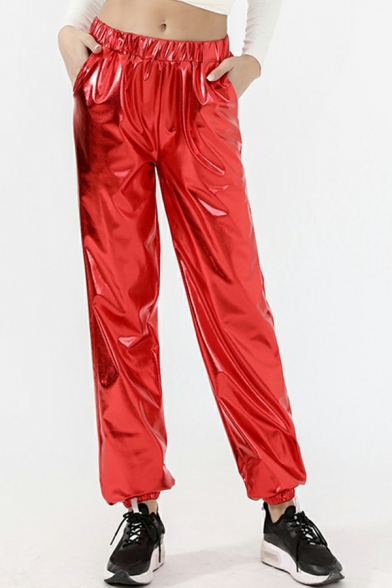 Pop Women Pants Pure Color High Elasticated Waist Regular Ankle Length Pants