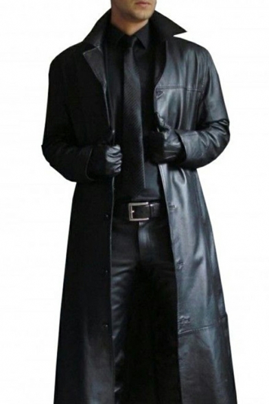 Popular Guys Jacket Plain Long Sleeves Regular Fit Zipper Lapel Collar Longline PU Jacket