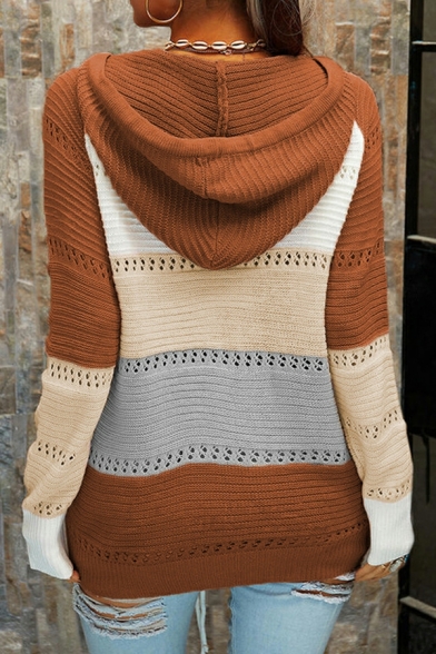 Vintage Ladies Sweater Contrast Color Hooded Drawstring Relaxed Cross Tie Pullover Sweater