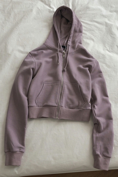 Women Edgy Hoodie Whole Colored Long Sleeves Fitted Pocket Drawstring Zip down Hoodie