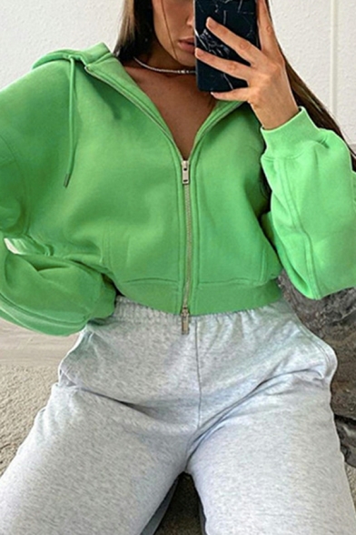 Women's Fashion Hooded Sweatshirt Short Solid Color Zipper Cardigan Sweatshirt