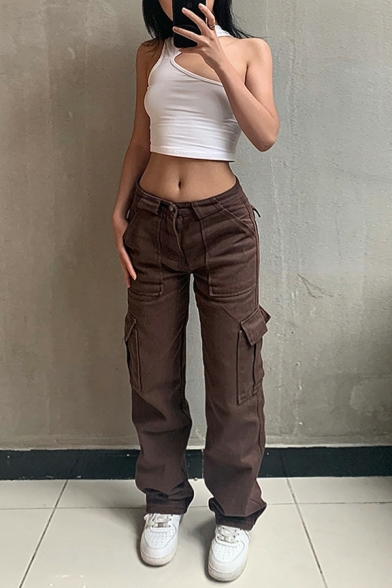 American Style Trousers Women's High Waist Solid Color Straight Pants
