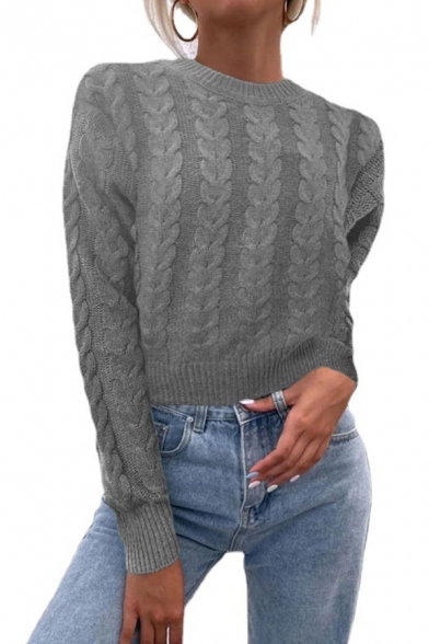 Basic Knitwear Whole Colored Long Sleeves Round Collar Cable Knit Sweater for Women
