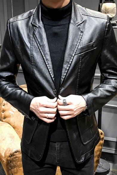 Boy's Basic Jacket Solid Lapel Collar Long-sleeved Slim Fitted Zip-up Leather Jacket