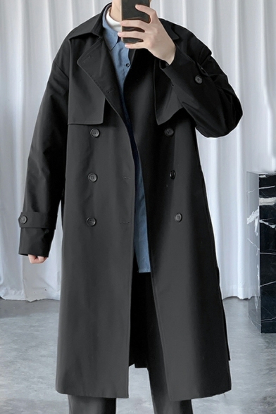Boy's Street Look Coat Plain Spread Collar Baggy Knee Length Double Breasted Trench Coat
