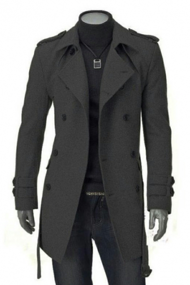 Casual Coat Plain Lapel Collar Regular Long-Sleeved Double Breasted Trench Coat for Men