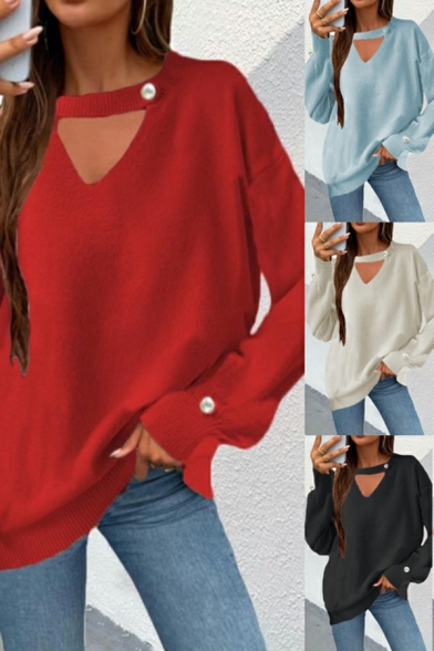 Dashing Ladies Knitwear Solid Hollow Long Sleeve V Neck Regular Pearl Pullover Sweater