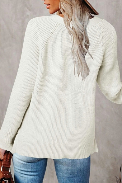 Fashion Sweater Solid Long-sleeved V-neck Loose Button Detail Pullover Sweater for Girls