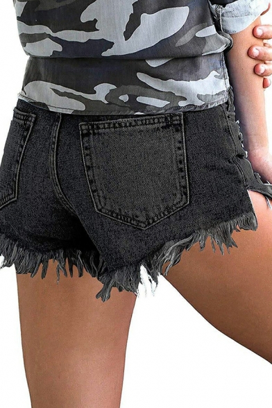 Girls Edgy Shorts Whole Colored Ripped Detailed Mid Waist Zip Fly Denim Shorts
