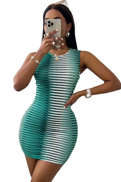 Hot Dress 3D Pattern Sleeveless Round Neck Slim Fitted Bodycon Dress for Women