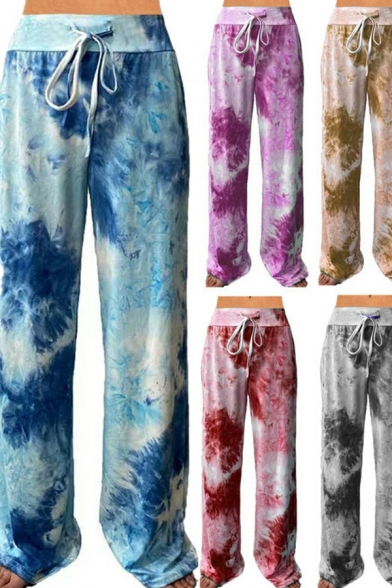 Leisure Women Pants Tie Dyed Printed Drawstring Waist Full Length Loose Fit Wide Leg Pants