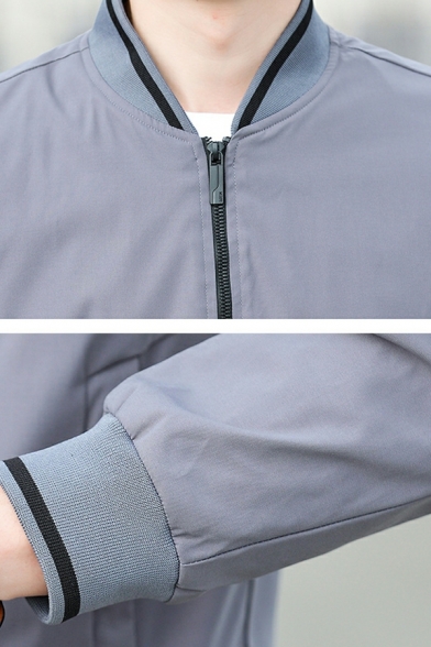 Men Urban Jacket Contrast Striped Long Sleeve Zip-up Stand Collar Baseball Jacket for Men
