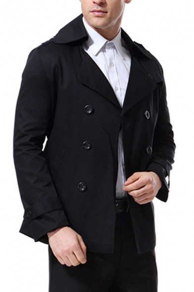 Mens Elegant Coat Solid Lapel Collar Regular Long Sleeves Double Breasted Trench Coat