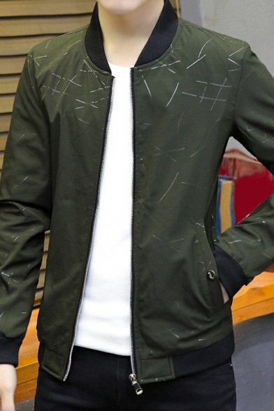 Mens Pop Jacket Contrast Stripe Pocket Stand Collar Long Sleeves Zip Closure PU Jacket