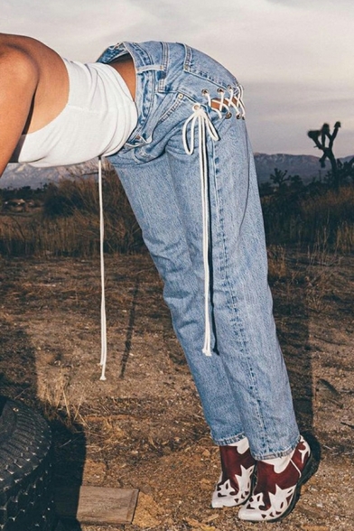 Street Style Jeans Women Casual Sexy Bandage Straight Leg Pants