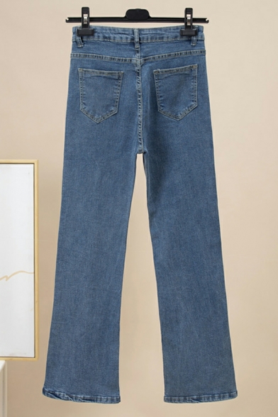 Trendy Jeans Plain Split Front High Waist Pocket Zip Placket Bootcut Jeans for Girls