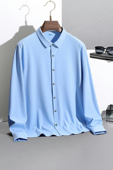 Vintage Men Shirt Solid Point Collar Long Sleeves Slimming Button down Shirt